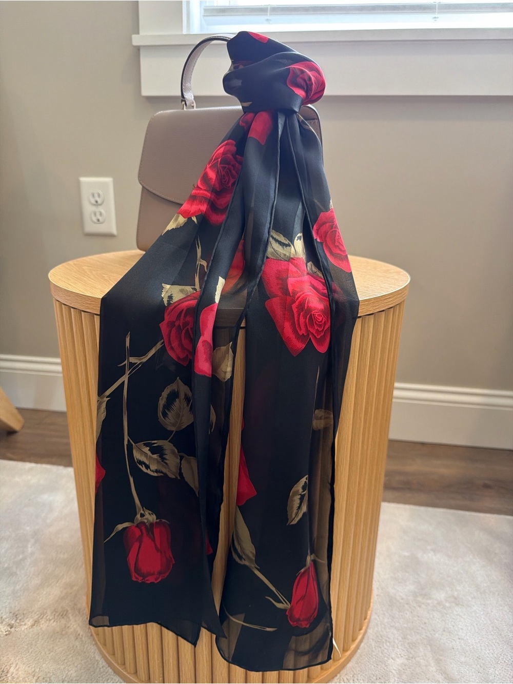 Silk Black Rose Print Lightweight Scarf